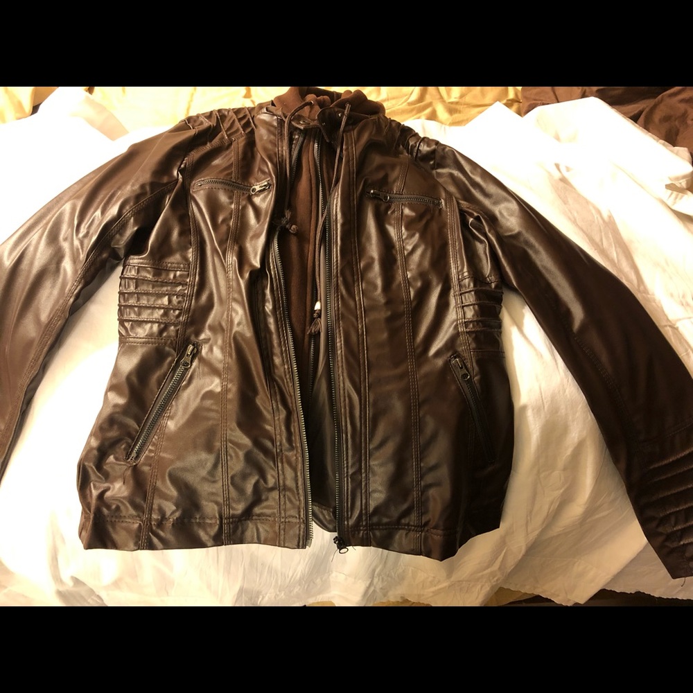 Brown faux leather jacket with hood.